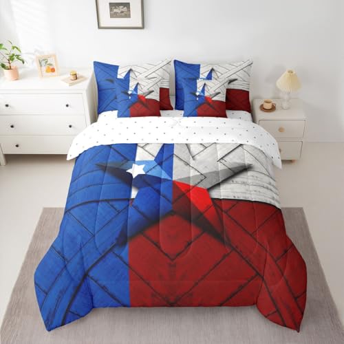 Image of Erosebridal Western Texas Star Queen Comforter Set with Sheets | Red Blue American Flag 7-Piece Bedding Set Grunge Stars and Stripes Rustic Bed in a Bag, Retro Vintage Wood Plank Cowboys Bed Sets