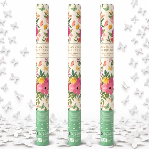 Cañón Confeti Boda, Cañón para fiestas y eventos, Fáciles y Seguros de Usar, Apto para bodas, eventos, celebraciones, Uso interior y Exterior, Diseño Mariposas Blancas, 40 cm, Pack de 3 unidades