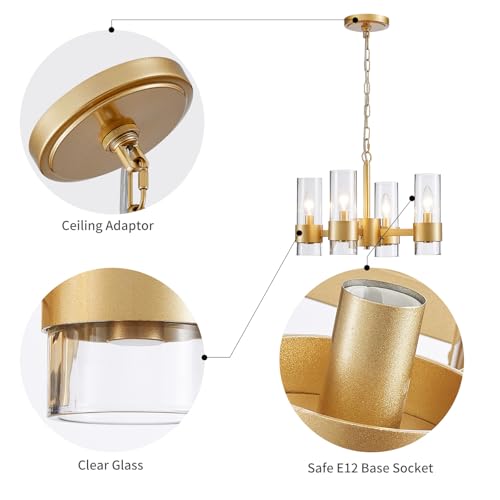 Image of WUZUPS Industrial Chandelier 4-Light with Clear Glass Modern Farmhouse Round Light Fixture for Dining Room Kithen Island Foyer, Width 16.9 inch Height 12.2 inch, Gold