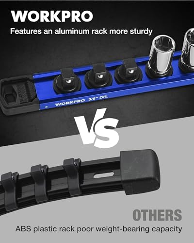Image of WORKPRO Magnetic Socket Organizer, 3 /8 inch Drive Aluminum Alloy Socket Holder with 10PC Removable Socket Clips for Quick Customization, Socket Rail for Tool Box Drawer (Sockets Not Included)