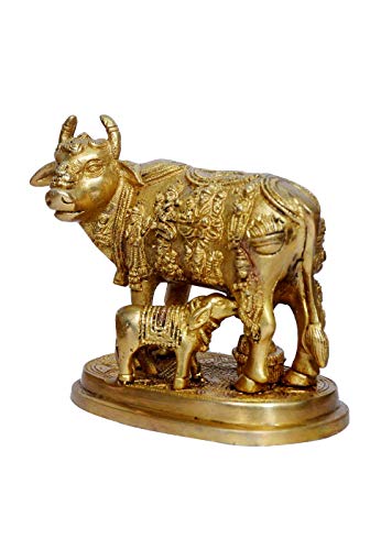Image of Brass Kamdhenu Cow and Calf Nandi Pooja Figurine Sculpture, Product Dimensions - 6.5 x 3.2 x 5.5In, 2.2Kg