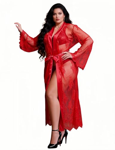 ohyeahlady Nuisette Femme Sexy Romantique Rouge Kimono Femme Long Grande Taille Robe Chemise Chic Lingerie Tenue Mere Noel Sexy Pyjamas Peignoir Vetement...