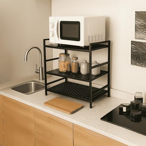 Image of 3-Tier Microwave Oven Stand - Heavy-Duty Black Metal Kitchen Organizer Shelf for Microwave, OTG, Mixer Grinder & Appliances - Space-Saving Countertop Storage Rack