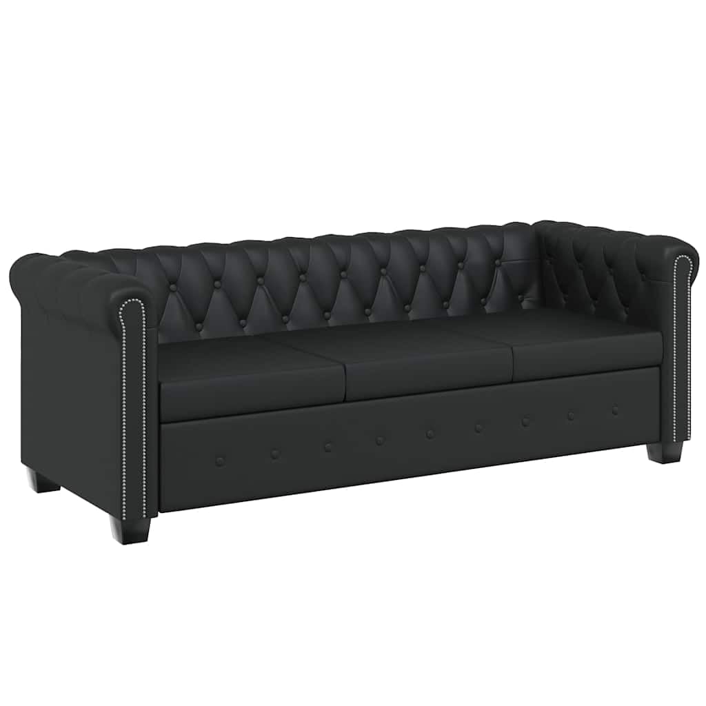 Sofá Chesterfield de 3 plazas, piel sintética, color negro, clásico con cierre de botones y remaches, elegante sofá acolchado de tres plazas para salón y oficina, 200,5 cm de ancho