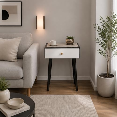Image of End Table with Storage Rack Wooden Nightstand Bedside Table Storage Bookcase Nightstand Side End Table Living & Bed Rooms (Black White)