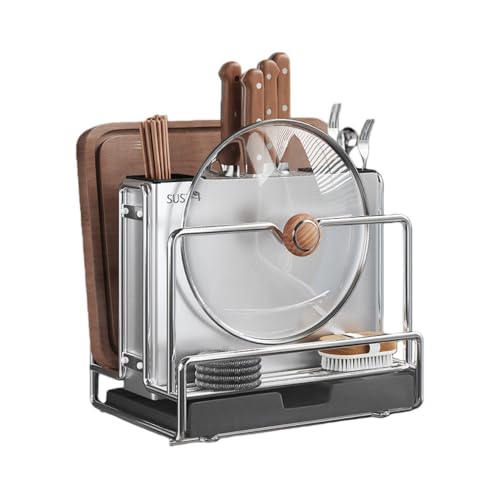 AOUTNステンレス製 。包丁ラック ,壁掛け/カウンタートップ両用 ,防錆仕様 丸洗い可能, 簡単取り付け, 多機能キッチン収納, ナイフホルダー・調理器具整理 ,お手入れ楽々。 (アップグレード版【包丁ガード+ダブル箸置き+まな板ラック+収納テーブル】