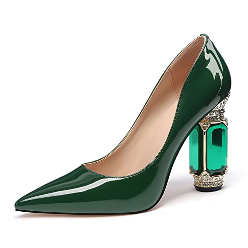 Image of JANSEVEN Women Chunky Heels Pumps Crystal Block Heels with Rhinestones Pointed Toe Sexy Gradient Patent Leather Slip on Bridal Party Wedding Dress Shoes 5-13 M US