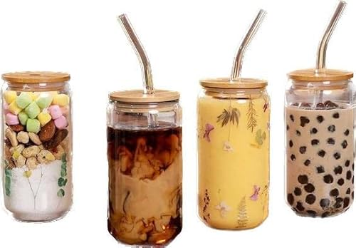[4 Pc Set] Can Shaped Drinking Glass Cups With Bamboo Lid, Glass Straw, And Cleaning Brush. High Borosilicate Glass Material. Excellent For Smoothies, Soda And Iced Coffee. #TOP2