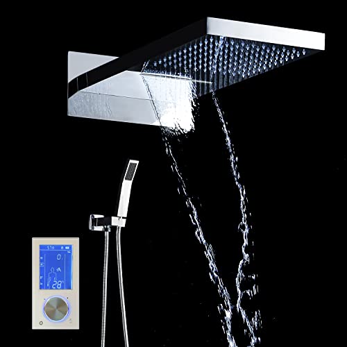 Sistema de Ducha Termostático LED Montado en Pared Cascada Luxury 22" Rectangular con Pantalla Táctil LCD, 3 Modos (Lluvia, Cascada y Ducha de Mano) (LED, Oro Rosado) miniatura 4