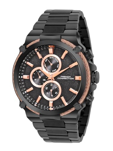 Image of French Connection Astro Multifunction Black Round Dial Stainless Steel Strap | Casual | Premium | See Through Feature | Sunray Feature Wrist Watch for Men - FCH18BM