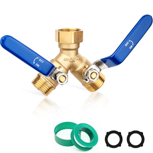 Image of SheeChung RV Hose Splitter 2 Way Heavy Duty, Garden Hose Splitter with Stainless Steel Long Handle, Brass Outdoor Faucet Y Valve Splitter, Full Flow Splitter for 3 /4 inch GHT Threads Hose Connector, Blue