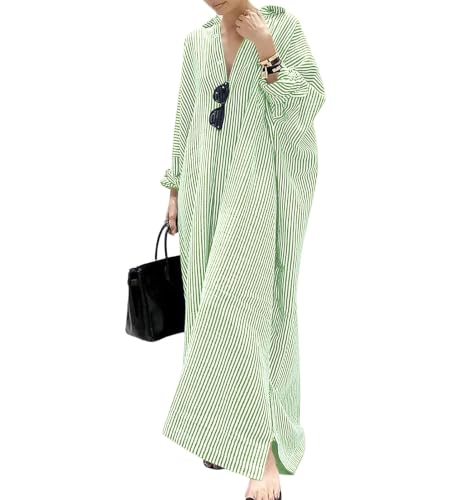 Image of ebossy Women's Oversized Boho Striped Shirt Dress Button Up Long Sleeve Flowy A Line Caftan Dress with Pockets