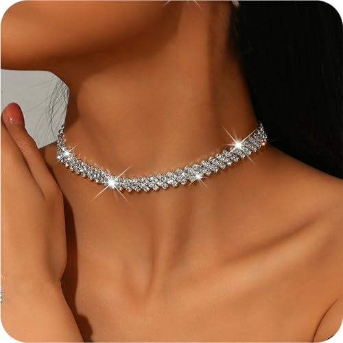 Rhinestone Choker Necklaces for Women Silver Diamond Choker and Earring Prom Jewelry Set for Women Sliver Choker Necklace Bridal Jewelry for Wedding Prom jewelry Gift for Women3