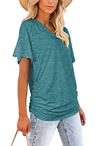 Image of WIHOLL Womens Summer T-Shirts Short Sleeve V Neck Dolman Tops with Side Shirring Loose Fit Shirts Spring Fashion