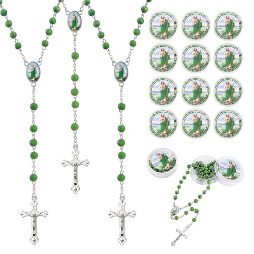 12 PCS San Judas Tadeo Green Wooden Bead Rosary For Baptism Favors Rosaries In Bulk For First Communion Party Favors For Guests Rosarios Catolicos 12 Pack Para Recuerdos De Bautizo Para Nio
