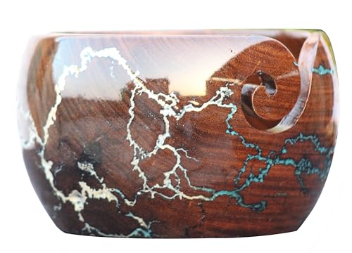 Image of Wooden Yarn Bowl - Knitting Yarn Bowls with Holes Crochet Bowl Holder Handmade Yarn Storage Bowl - Lichtenberg Figure Yarn Bowl (Medium)
