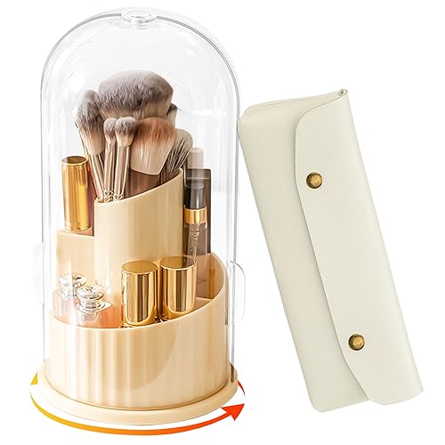 mumisuto Porta Pennelli Make Up Rotante a 360°, Porta Pennelli Trucco con 5 Scomparti, Portapennelli da Trucco con Coperchio, per Rossetti/Profumo, per Bagno, Scrivania, Piano di Lavoro
