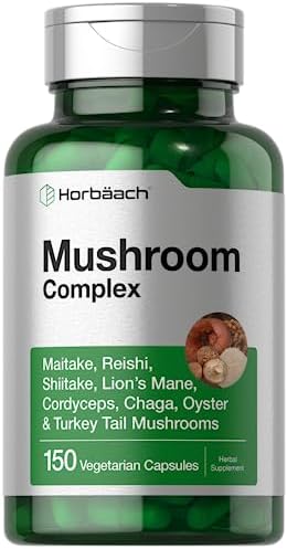 Horbäach Mushroom Complex Capsules | 150 Count | Non-GMO & Gluten Free Supplement | Reishi, Chaga, Lions Mane, Cordyceps, Maitake, Shiitake, Oyster and Turkey Tail Mushrooms