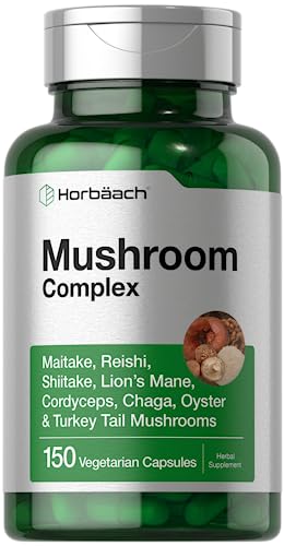 Horbäach Mushroom Complex Capsules | 150 Count | Non-GMO & Gluten Free Supplement | Reishi, Chaga, Lions Mane, Cordyceps, Maitake, Shiitake, Oyster and Turkey