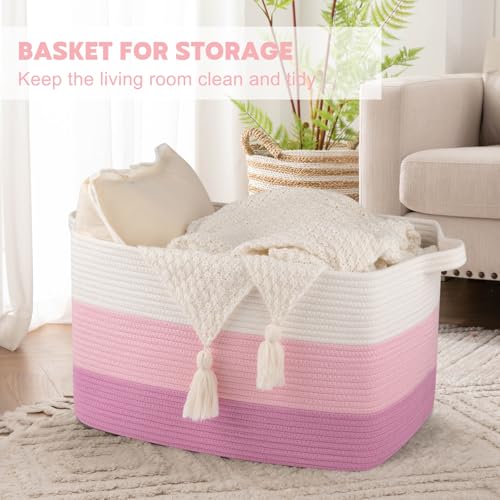 Image of OIAHOMY Large Blanket Basket, 65L Cotton Rope Woven Laundry Basket, Toy Bin for Baby Room, Container for Blanket Storage in Living Room, 20''x16''x12'', Gradient Pink
