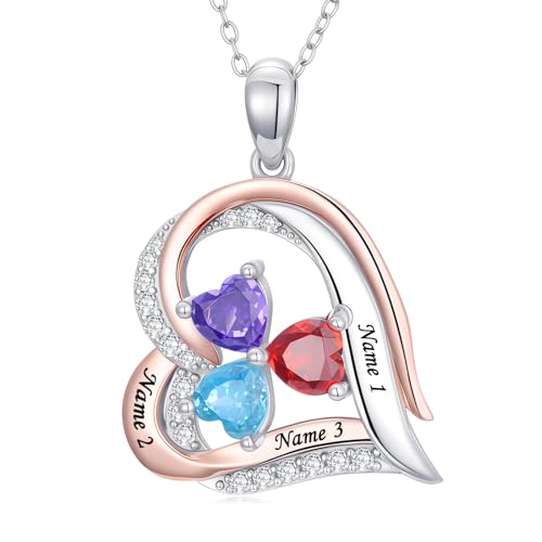 MRENITE Personalized 10k 14k 18k Solid Gold Mother Birthstone Necklace – Two Tones Rose Gold and White Gold Custom 1-6 Names Heart Birthstone Necklace- Gift for Mother Family Number