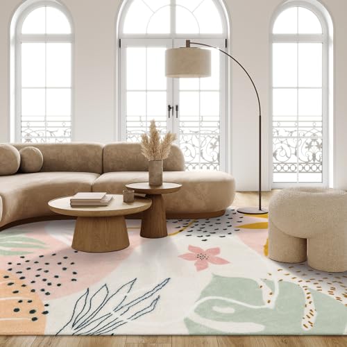 Lahome Washable Pink Area Rugs 9x12 Living Room Carpet Non-Slip Backing Ultra-Thin Extra Large Rug Lightweight Throw Non Shedding Dining Room Rug,Boho Botanical Print Rug for Bedroom Guest Room Home