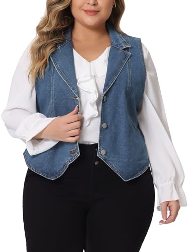 Agnes Orinda Plus Size Denim Vest for Women Lapel Sleeveless Casual Waistcoat Jean Vest Jacket