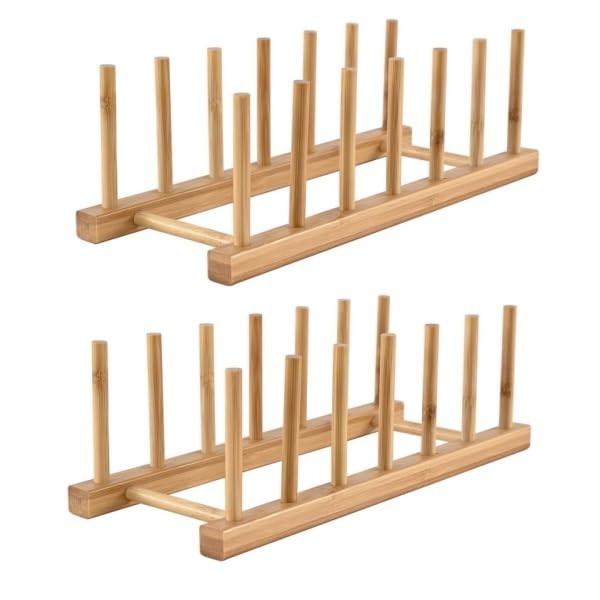 Wizsofer Bamboo Wooden Dish Rack Vertical Plate & Lid Organizer for Kitchen Cabinet or Countertop Drying Stand for Dishes Cutting BoardsTwo-piece set