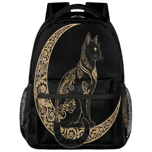 Mochila escolar de viaje impermeable con diseño de gato negro y luna para portátil de 15.6 pulgadas