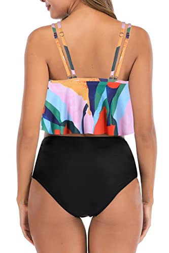 Image of Women High Waisted Bikini Swimsuit Flounce Vintage 2 Piece Bathing Suits | Vintage,tummy control,two piece bathing suits,plus size,swimwear,ruffled,tankini top,bikini bottom
