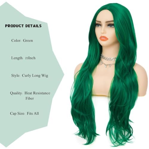 Salaibs Green Long Curly Wigs for Women Middle Part Wavy Cosplay Wig Synthetic Heat Resistant Hair Wig for Halloween Costume Party Use - Image 3