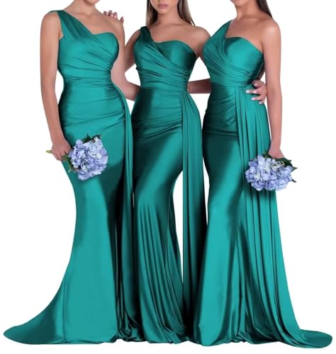 Image of One Shoulder Bridesmaid Dresses for Wedding Long Satin Bodycon Prom Dress Mermaid Formal Evening Gowns