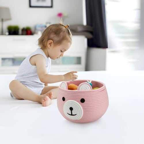 Image of PandaEar Cotton Rope Baby Basket, Baby Gift Basket Nursery Laundry Organizer with Cute Bear Design for Storage Infant Newborn Essentials, Diaper Caddy with Handle (Pink)