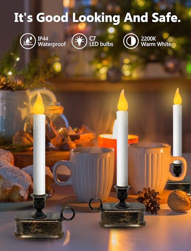 Image of 4PK Battery Operated LED Window Candles, 7.75 inch Christmas Candle Lamp | Dusk to Dawn Light Sensor, Cordless, Flameless, UL Certified, Bronze Base, Taper Candles for Table Bedroom Indoor Home Decor