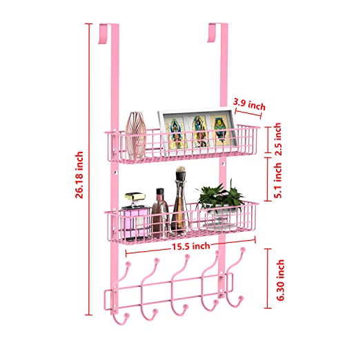 MILIJIA Coat Rack, Over The Door Hanger with Mesh Basket, Detachable Storage Shelf for Towels, Hats, Handbags, Coats (Pink-2 Baskets) thumbnail 2