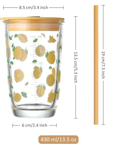 Image of Kamvy Reusable Glass Tumbler with Lid & Straw Pack of 1, 400ml Multipurpose Drinking Glasses Coffee Sipper Mugs for Juice Smoothies Iced Tea Indoor & Outdoor Cup (Lemon Yellow)