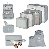 Contiene 3 cubos de embalaje para ropa (grande, mediano, pequeño), 1 bolsa de ropa interior para sujetadores, 1 bolsa de cosméticos, 1 bolsa de aseo, 1 bolsa para zapatos, 1 bolsa con cordón, 1 bolsa con cremallera. Puede hacer que su equipaje esté l...