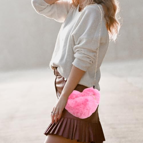 TENDYCOCO UmhäNgetasche Damen PlüSch Herzform Tasche Mit Kette Kleine Rosa Schultertasche FüR Alltag Shopping Und Dating