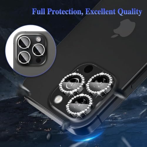 Image of Glitter Diamond Camera Lens Protector for iPhone 16 Pro / 16 Pro Max / 15 Pro / 15 Pro Max Black UHD 9H Tempered Glass, Sparkle Crystal Design Camera Guard Scratch & Drop Resistant, Case Friendly Camera Cover