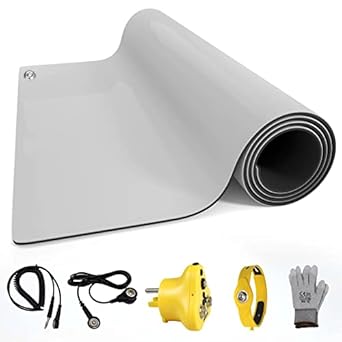 Aidacom 30x24 Inch ESD Rubber Mat, Anti Static Table Floor Pad for PC Building Electronic Device Repair Solder Assembly Work, W/H Grounding Kit- Antistatic Plug Wrist Strap Wristband Cord Gloves,Grey