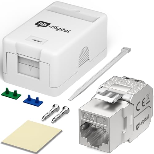 HB-DIGITAL Anschlussbox 1-Port Keystone Modul CAT 7 Aufputz Netzwerkdose mit vormontiertem geschirmtem RJ45 Modul – LAN Dose für 10 Gigabit Ethernet
