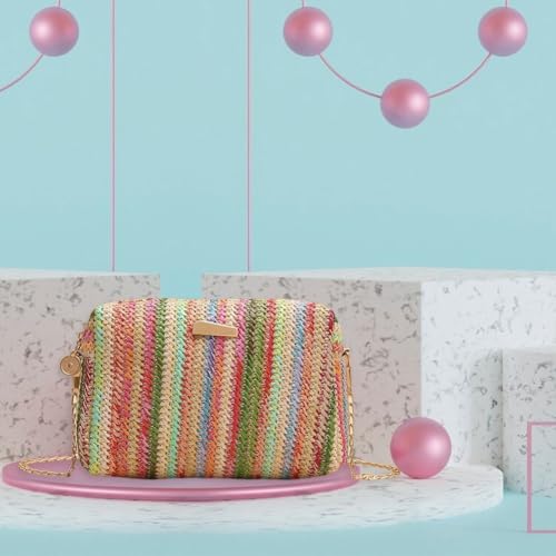 Rainbow Rattan Knitting Shoulder Bag Straw Crossbody Bag Summer Beach Chain Rainbow Handbag Flap Bag for Women4