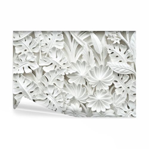 decomonkey - Papier Peint Panoramique Feuilles 3d 350x256 cm - Décoration murale – Tapisserie décorative pour chambre salon - Fleurs en pierre motif blanc feuilles fond de texture romantique