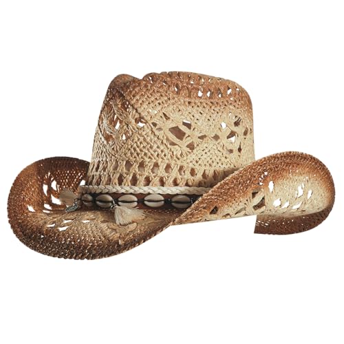 Image of Men's Cowboy Hats Summer Women Beach Cowgirl Hat Raffia Unisex Western Sun Hat