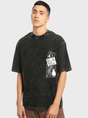 Image of Bewakoof Men's Cotton Typography Oversized Fit Half Sleeve Round Neck T-Shirt | Casual Wear | Street Wear | Oversized t Shirt for Men Cotton | Baggy