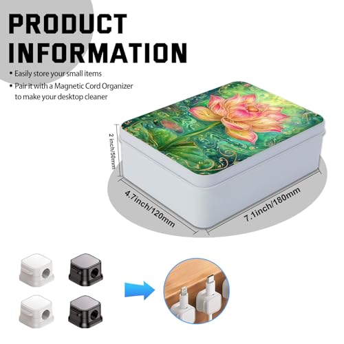 Image of Metal Tin Box with Lid,Multi-functional Storage Large Box Can Store Tea Biscuits Game Cards, Playing & Tarot Cards-Comes with 4 Magnetic Cord Clips,Lotus Flower Art