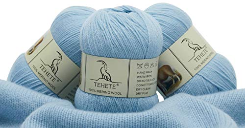 TEHETE 100% Merino Wool Yarn for Knitting 3-Ply Luxury Warm Soft Lightweight Blue Crochet Yarn (Sky Blue)