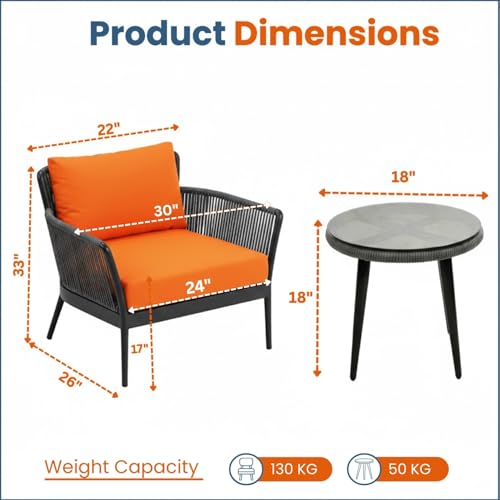 Image of DEVOKO Fabric Enhance Your Outdoor Living With Our 3 Piece Patio Set - Grey Rope Bistro Furniture With Orange Cushions, Ideal For Balcony, Backyard, Or Porch Provides Durability & Style