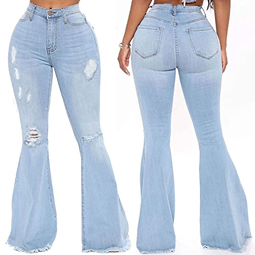 Bell Bottom Jeans for Women Vintage High Waisted Ripped Hole Raw Hem Denim Flare Jeans Pants3