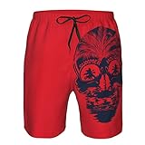 SARA NELL Mens Summer Crazy Skull with Plams Tree on Red Swim Trunks Beach Board Shorts with Mesh Liner Quick Dry Bathing Suit Lightweight Swimming Shorts,Medium